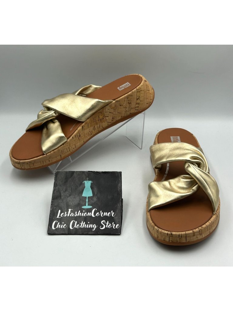 Nwt Fitflop Womens Gold Leather F-Mode Leather-Twist Slides Sandals Sz 10 3420